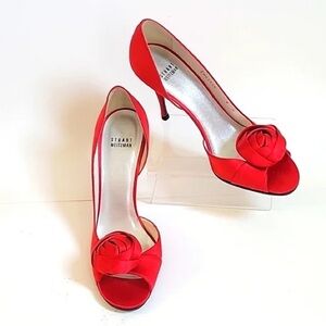 Stuart Weitzman Pomposo Red Satin Rose Heels